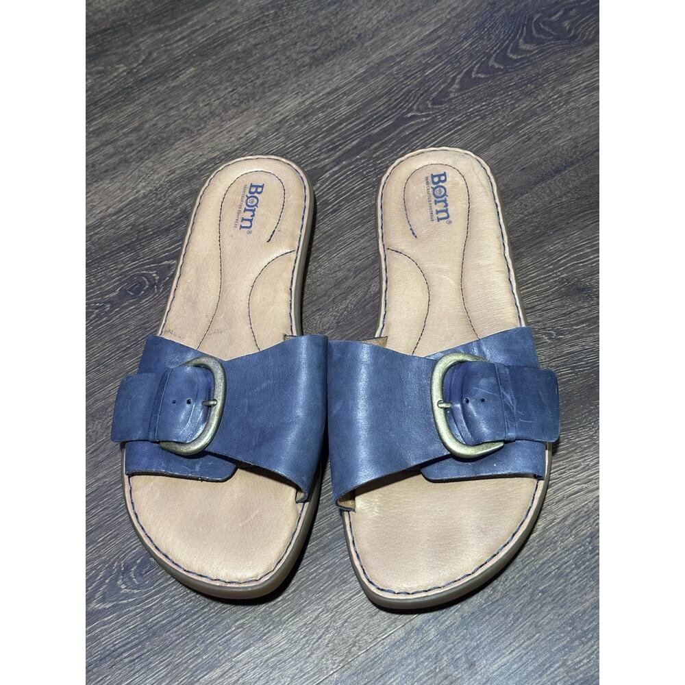 Born Miarra 11M Blue Leather Big Buckle Slide Flat Sandals